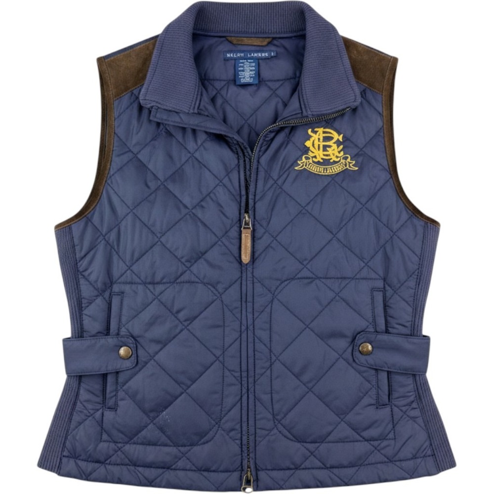 Ralph Lauren Blue Quilted Equestrian Vest Suede Trim Womens L Full Zip Classic
